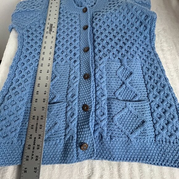 Kilronan Knitwear Womens Blue Merino Wool Cable-Knit Cardigan Sweater Pockets - Picture 7 of 7